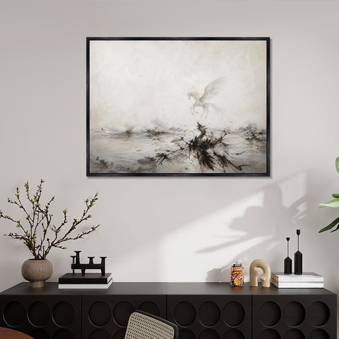 INVIN ART Framed Canvas 100% Handpainted Oil Painting Unicorn Above Misty Waters Wall Art