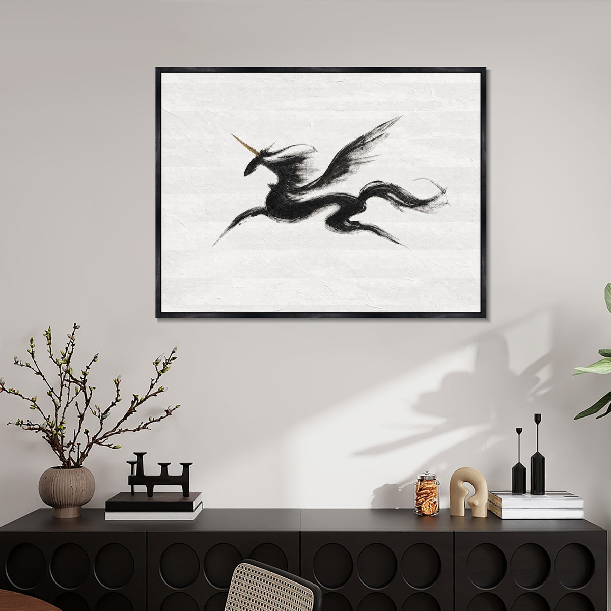 INVIN ART Framed Canvas 100% Handpainted Oil Painting Unicorn in Sweeping Black Lines Wall Art