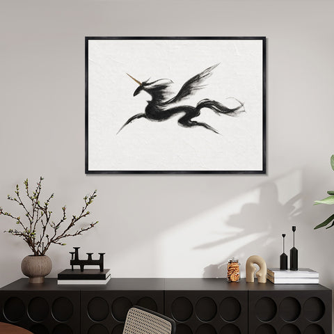 INVIN ART Framed Canvas 100% Handpainted Oil Painting Unicorn in Sweeping Black Lines Wall Art