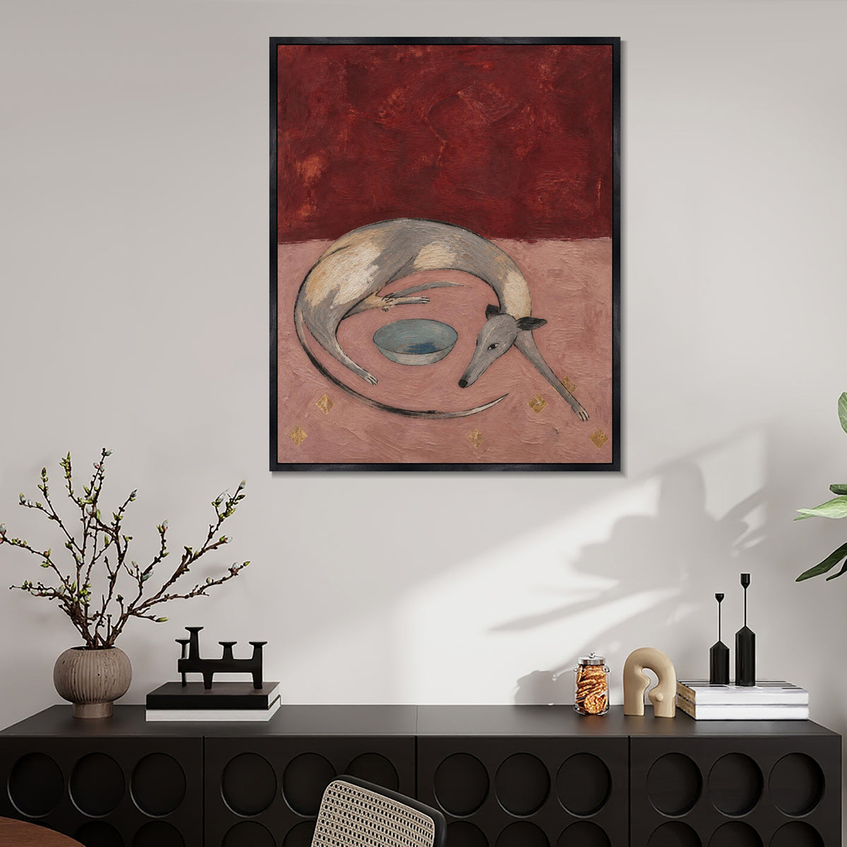 INVIN ART Framed Canvas 100% Handpainted Oil Painting Resting Dog and the Bowl Wall Art