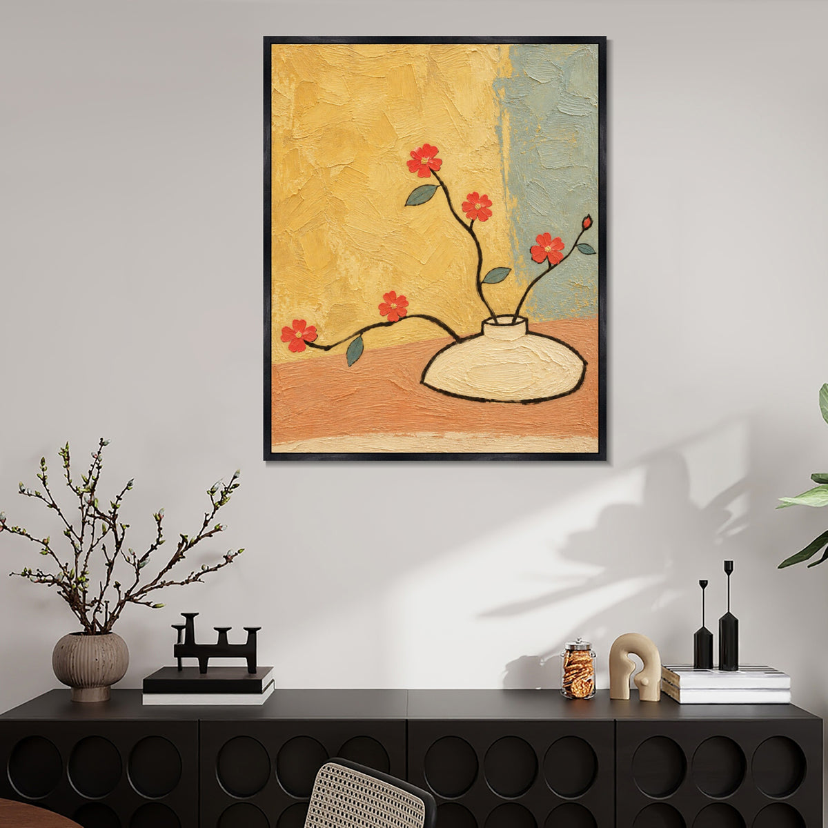 INVIN ART Framed Canvas 100% Handpainted Oil Painting Red Flowers Against Yellow Wall Art