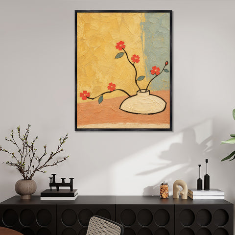 INVIN ART Framed Canvas 100% Handpainted Oil Painting Red Flowers Against Yellow Wall Art