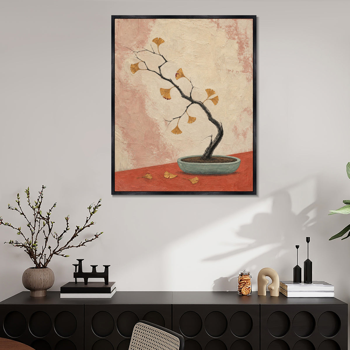 INVIN ART Framed Canvas 100% Handpainted Oil Painting Ginkgo Branch in a Shallow Pot Wall Art