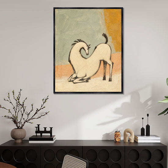 INVIN ART Framed Canvas 100% Handpainted Oil Painting White Horse with a Curved Neck Wall Art