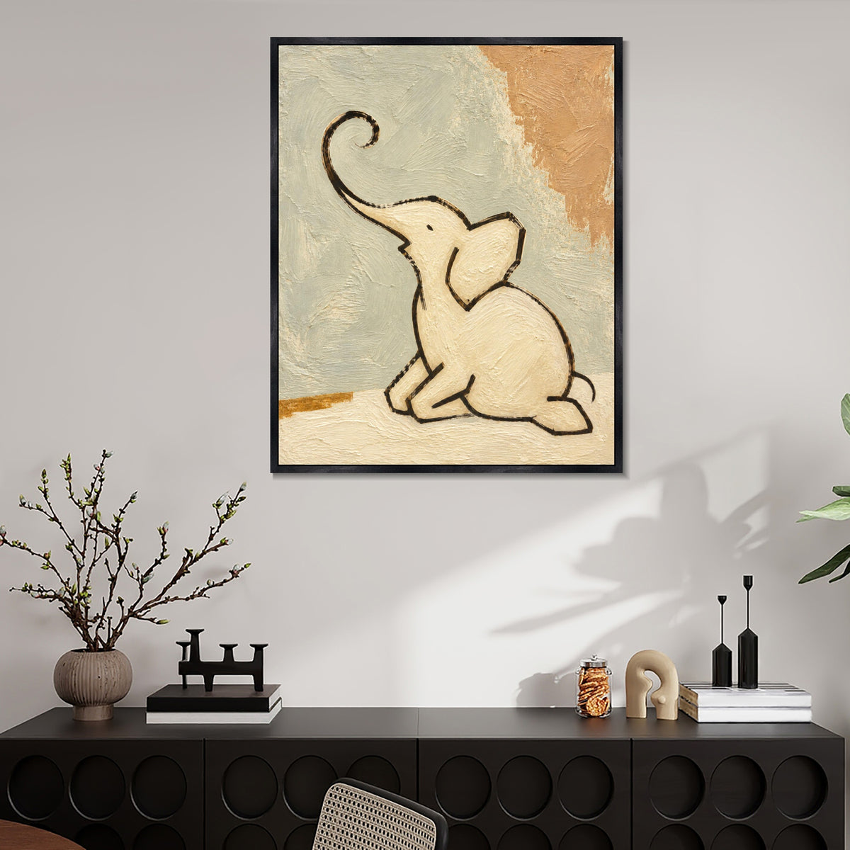 INVIN ART Framed Canvas 100% Handpainted Oil Painting Elephant with a Raised Trunk Wall Art