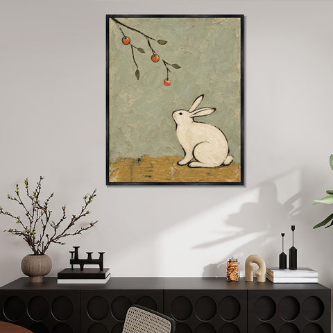 INVIN ART Framed Canvas 100% Handpainted Oil Painting Rabbit Beneath the Fruit Branch Wall Art