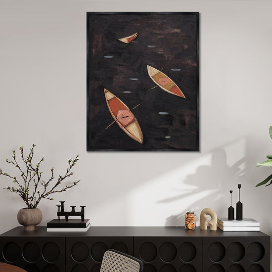 INVIN ART Framed Canvas 100% Handpainted Oil Painting Three Boats on Dark Water Wall Art