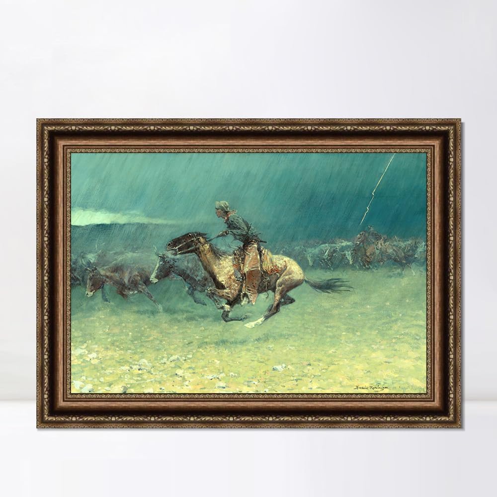 INVIN ART Framed Canvas Giclee Print The Stampede by Frederic Remington Wall Art