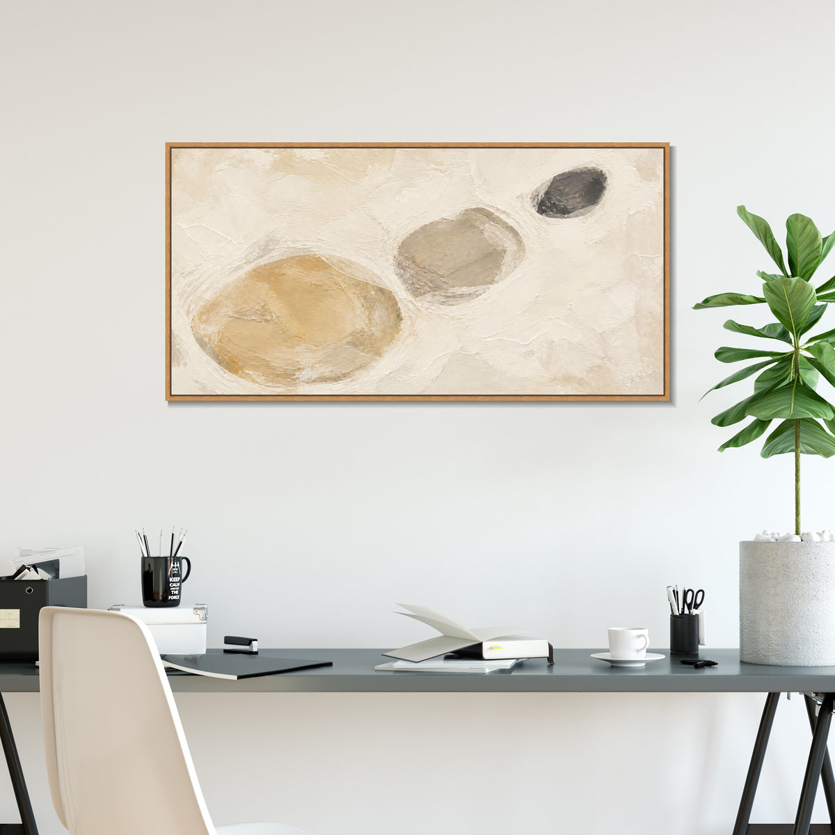 INVIN ART Framed Canvas 100% Handpainted Oil Painting Three Pebble Shapes Wall Art