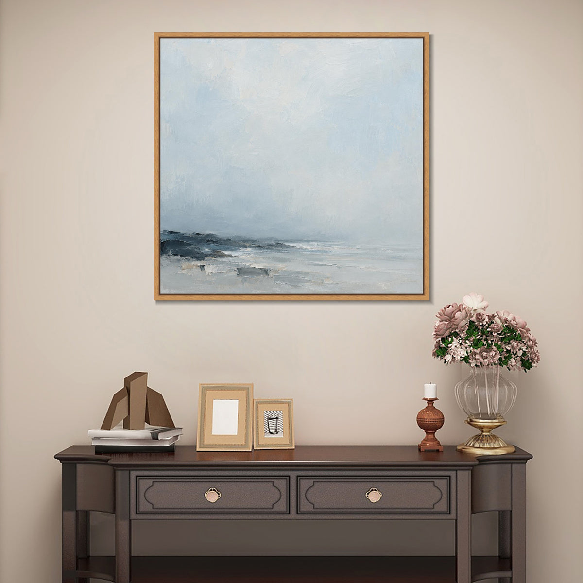 INVIN ART Framed Canvas 100% Handpainted Oil Painting Low Shore in Mist Wall Art