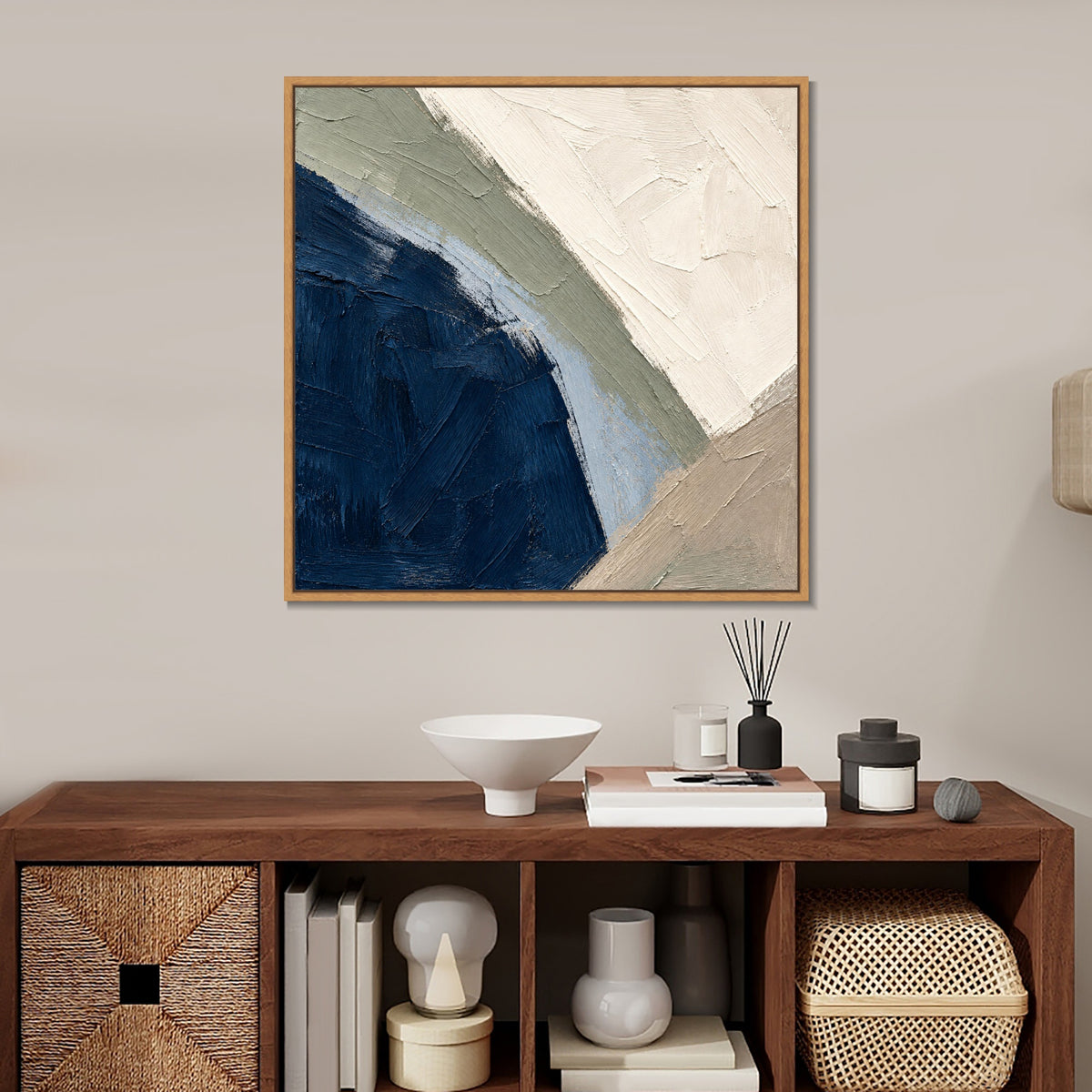 INVIN ART Framed Canvas 100% Handpainted Oil Painting Deep Blue Curved Shore Wall Art
