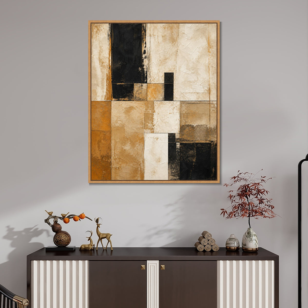 INVIN ART Framed Canvas 100% Handpainted Oil Painting Sand and Black Grid Wall Art