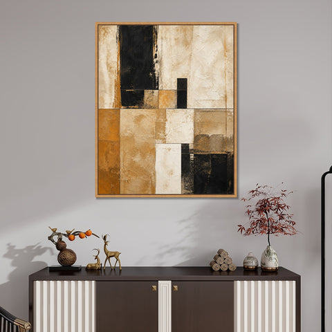 INVIN ART Framed Canvas 100% Handpainted Oil Painting Sand and Black Grid Wall Art
