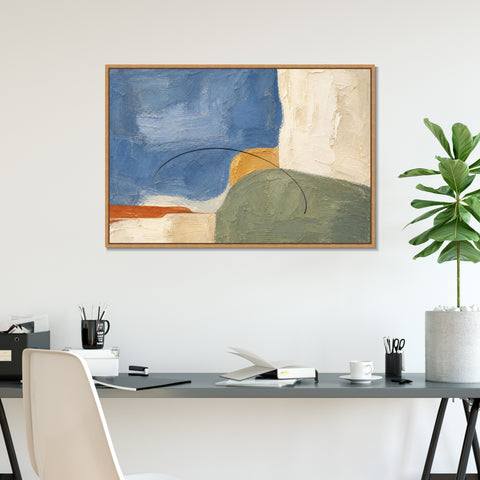 INVIN ART Framed Canvas 100% Handpainted Oil Painting Blue Field and Green Hill Wall Art