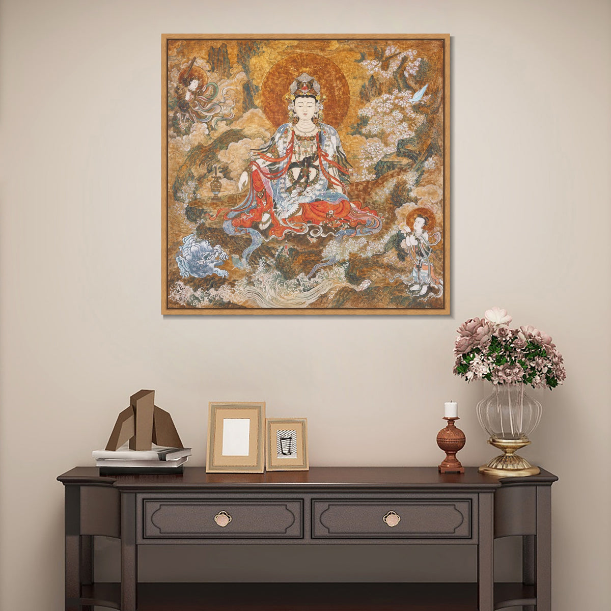 INVIN ART Framed Canvas 100% Handpainted Oil Painting Guanyin Among Blossoms Wall Art
