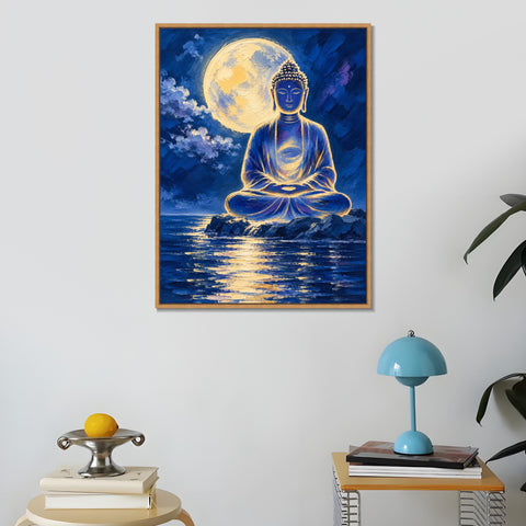 INVIN ART Framed Canvas 100% Handpainted Oil Painting Buddha Beneath the Full Moon Wall Art