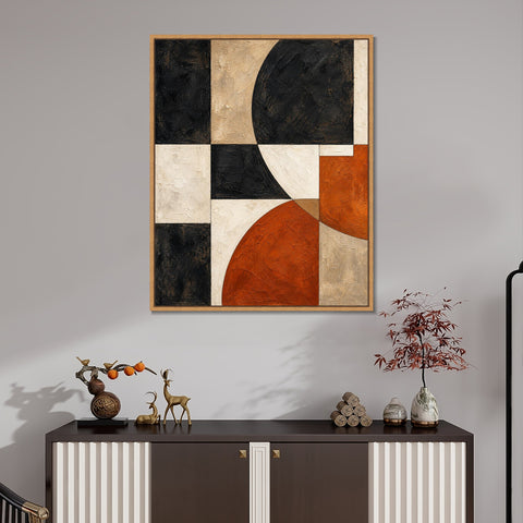 INVIN ART Framed Canvas 100% Handpainted Oil Painting Black and Rust Arc Grid Wall Art