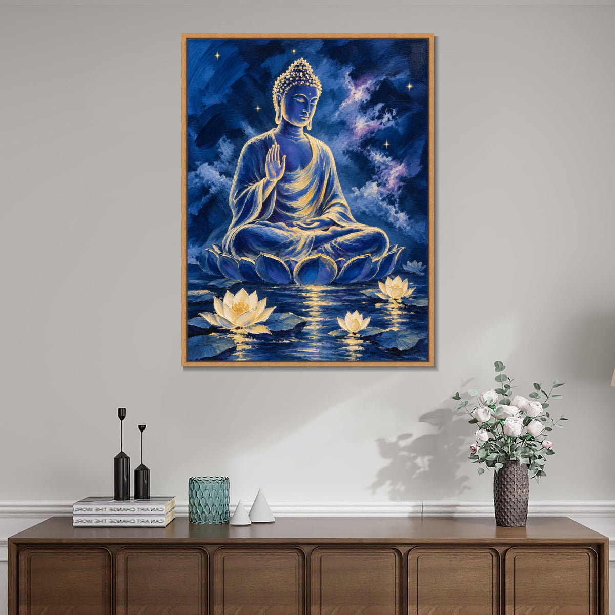 INVIN ART Framed Canvas 100% Handpainted Oil Painting Buddha Above the Lotus Pool Wall Art