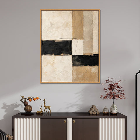 INVIN ART Framed Canvas 100% Handpainted Oil Painting Black Bands and Sand Columns Wall Art