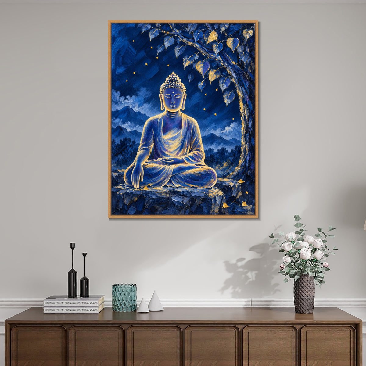 INVIN ART Framed Canvas 100% Handpainted Oil Painting Buddha Beneath the Night Tree Wall Art