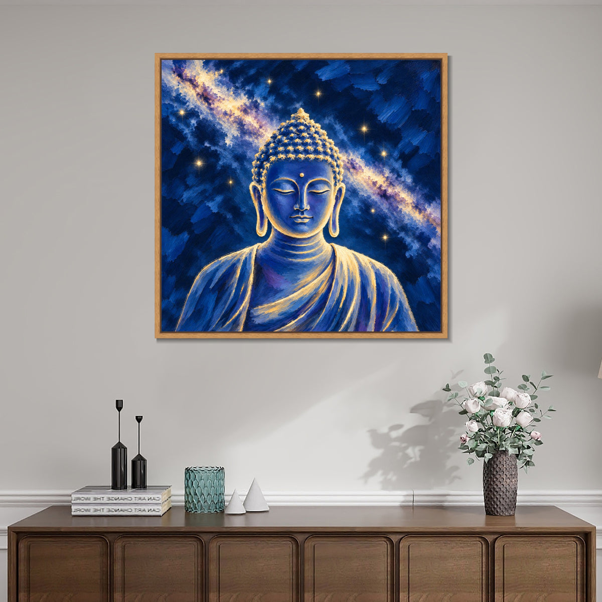 INVIN ART Framed Canvas 100% Handpainted Oil Painting Buddha in the Starry Sky Wall Art