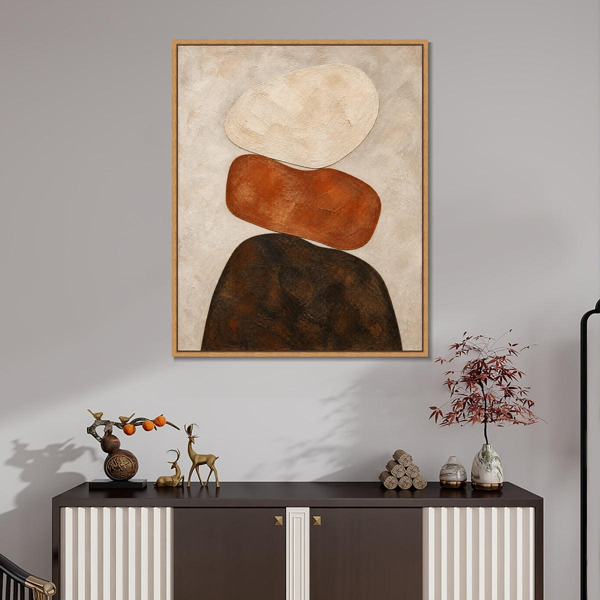 INVIN ART Framed Canvas 100% Handpainted Oil Painting Stacked Stone Shapes Wall Art