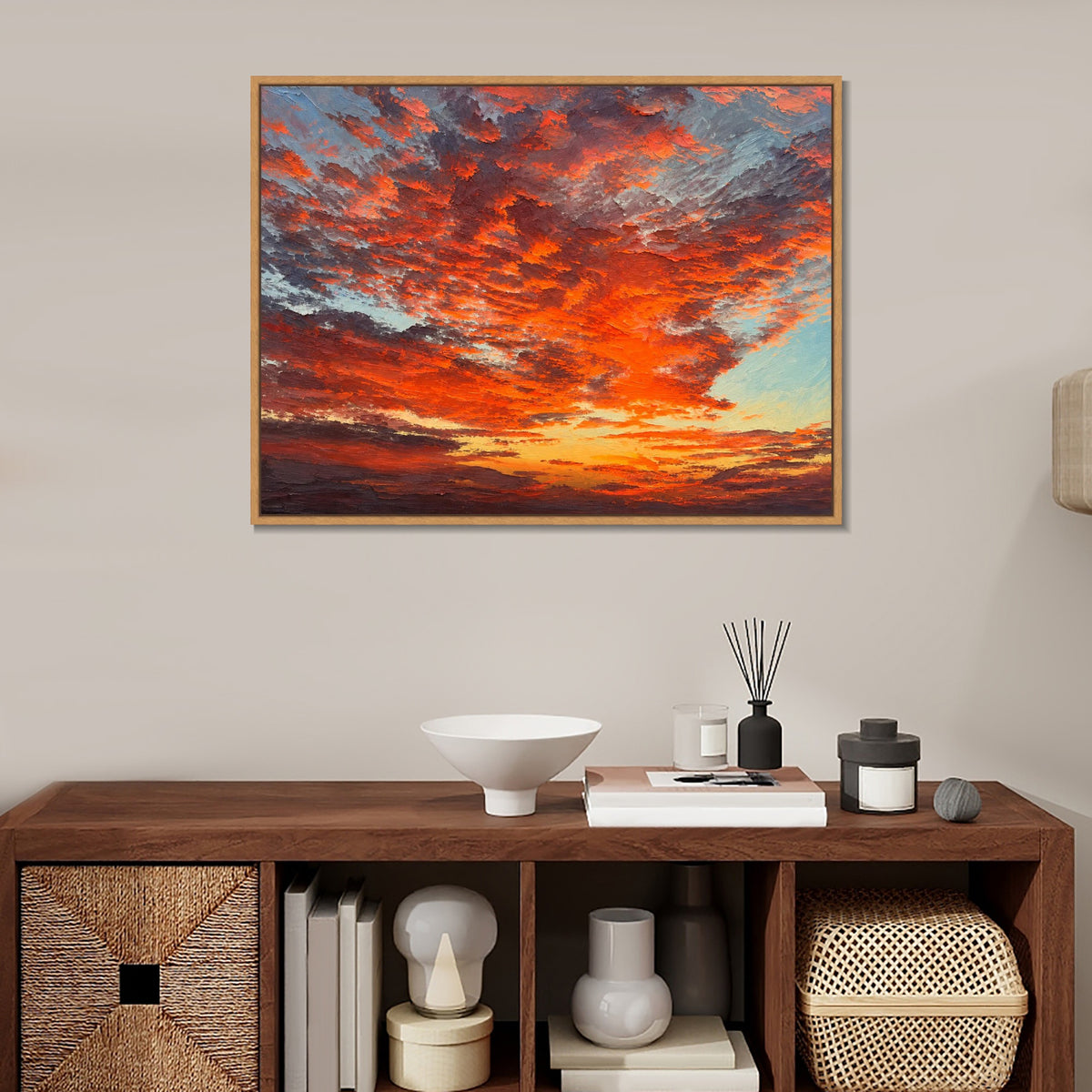 INVIN ART Framed Canvas 100% Handpainted Oil Painting Ember Clouds at Dusk Wall Art