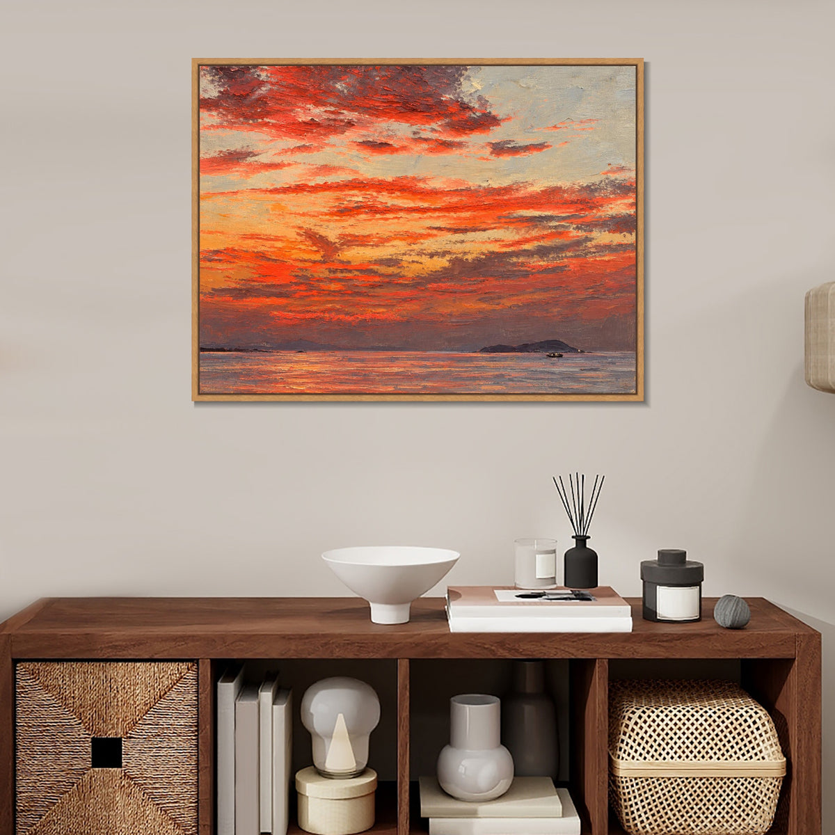 INVIN ART Framed Canvas 100% Handpainted Oil Painting Crimson Evening Over the Sea Wall Art