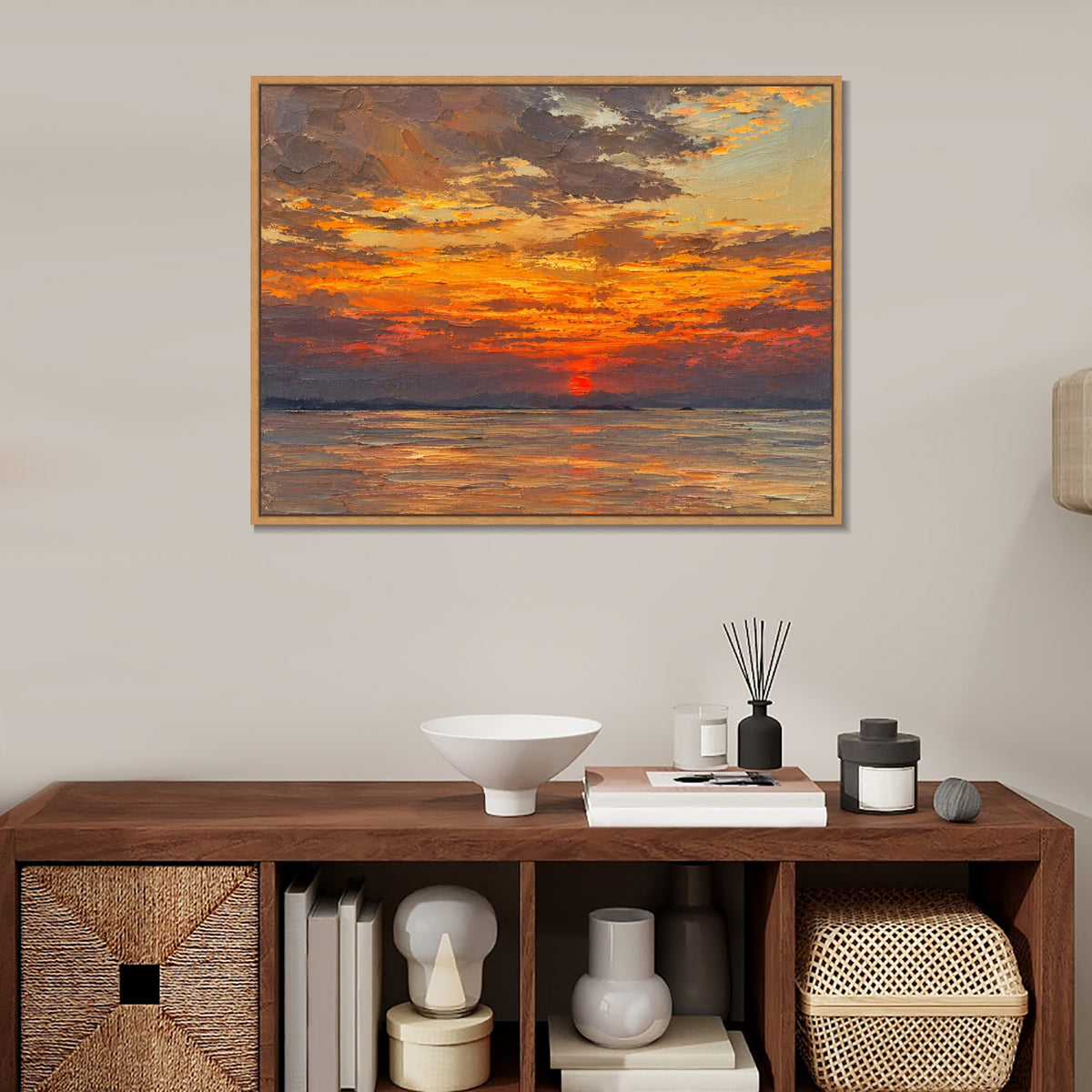 INVIN ART Framed Canvas 100% Handpainted Oil Painting Golden Sunset Reflections Wall Art