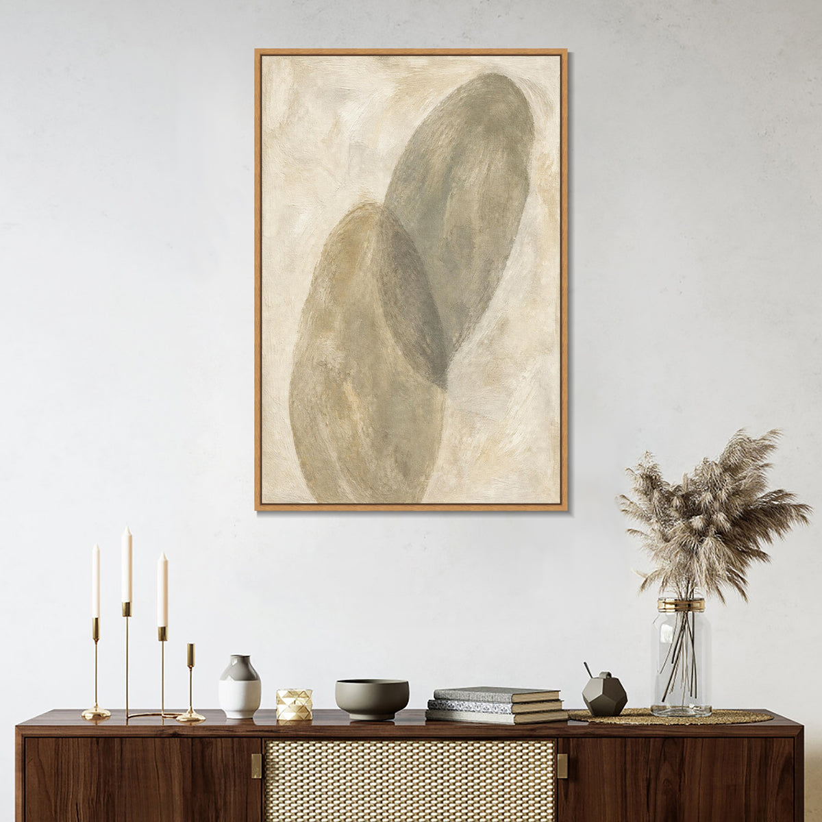 INVIN ART Framed Canvas 100% Handpainted Oil Painting Two Leaning Pebbles Wall Art