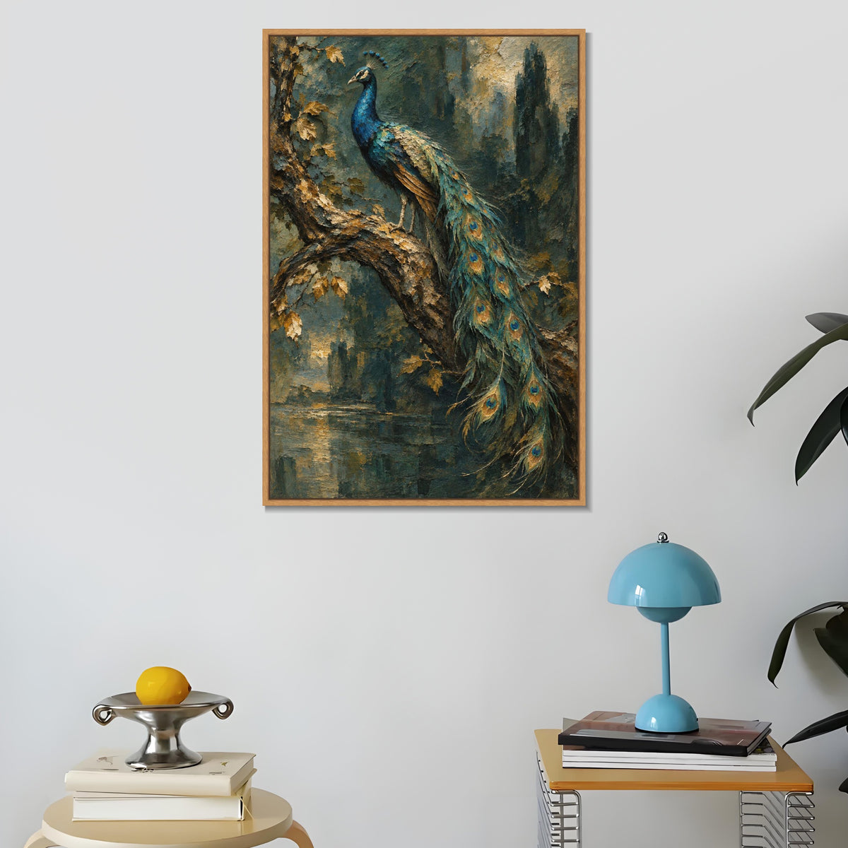 INVIN ART Framed Canvas 100% Handpainted Oil Painting Peacock on a Woodland Branch Wall Art