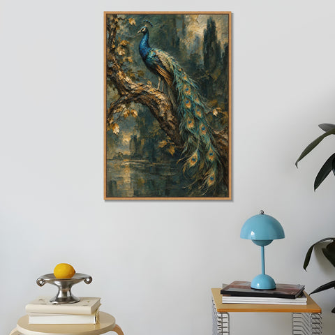 INVIN ART Framed Canvas 100% Handpainted Oil Painting Peacock on a Woodland Branch Wall Art