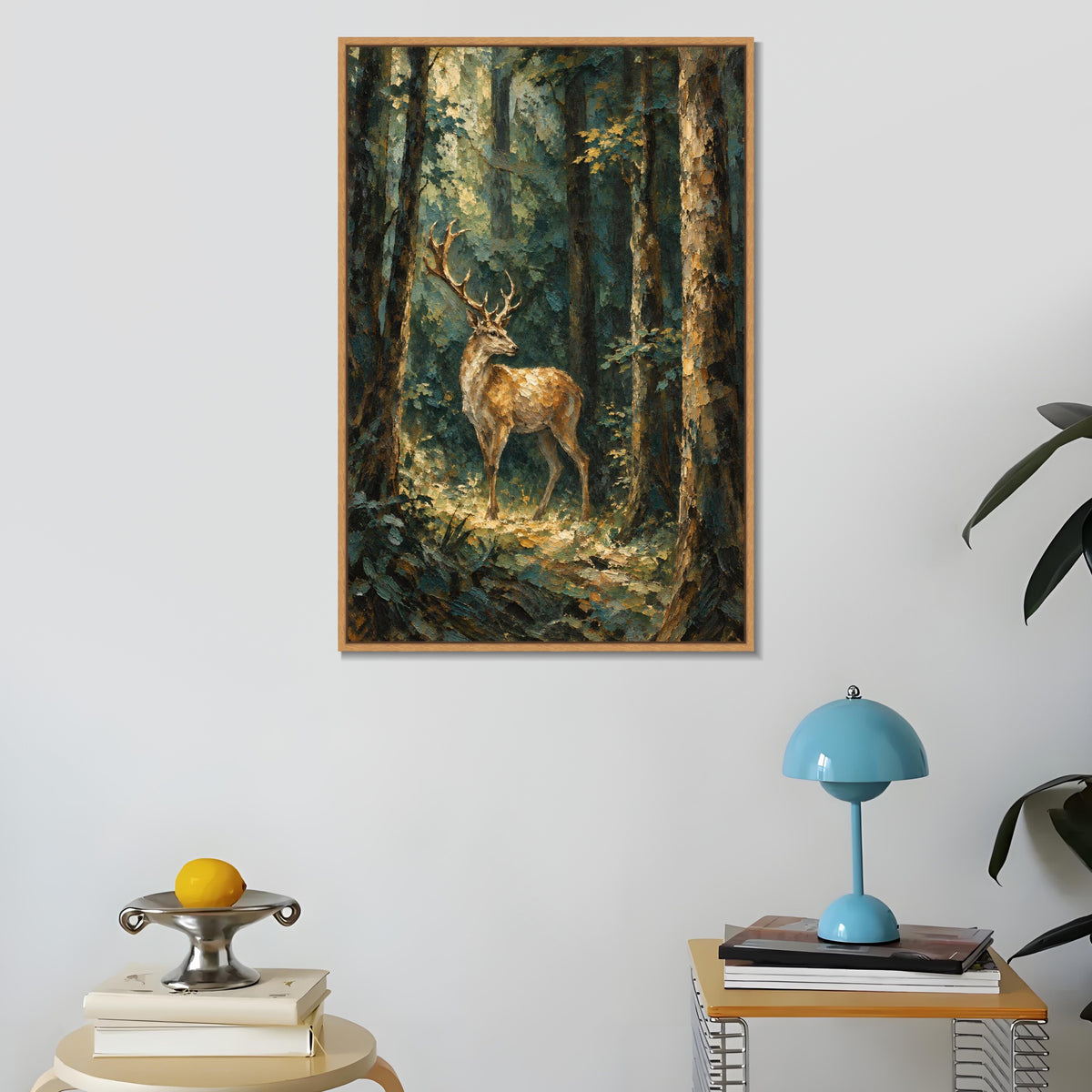 INVIN ART Framed Canvas 100% Handpainted Oil Painting Stag in the Forest Light Wall Art