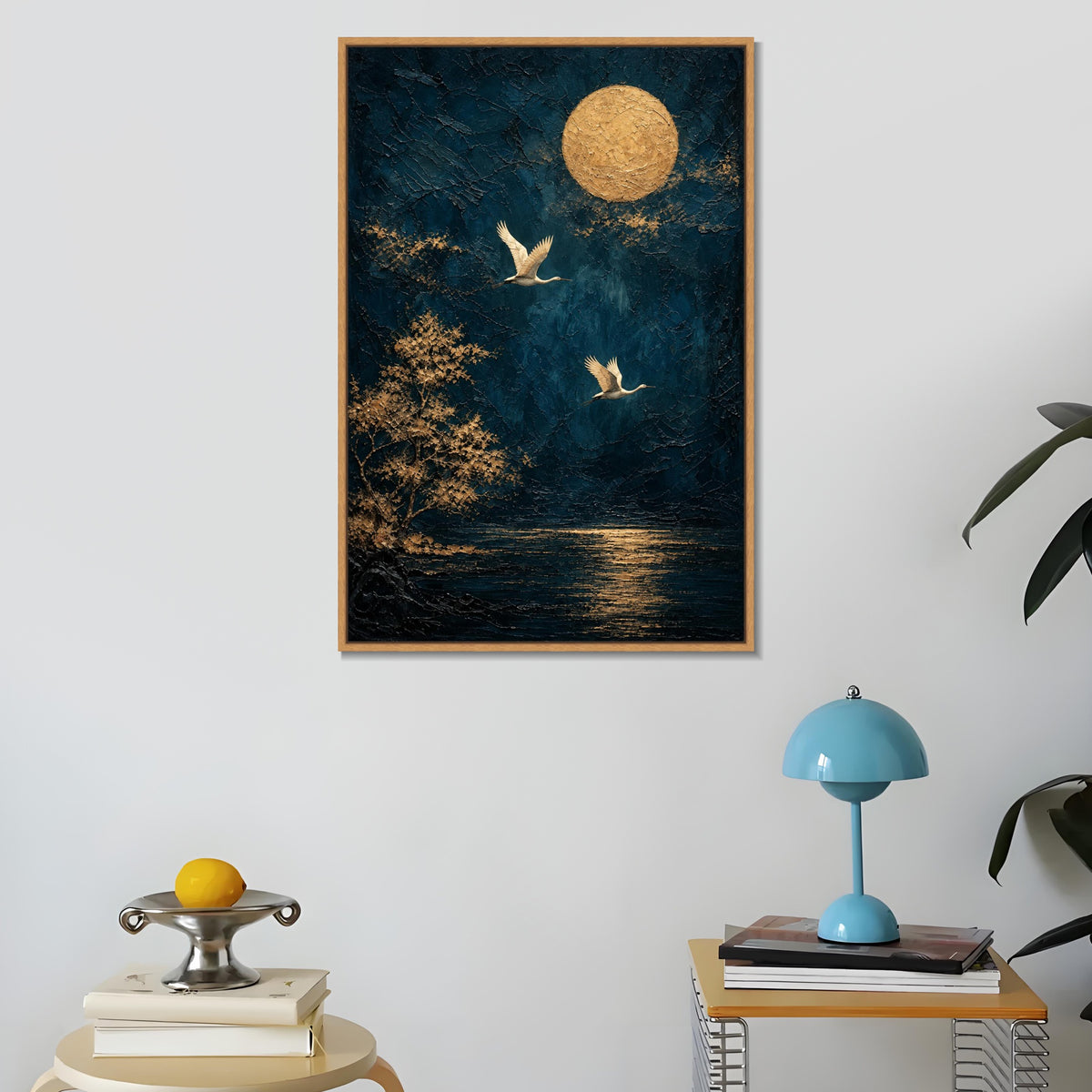 INVIN ART Framed Canvas 100% Handpainted Oil Painting Two Birds Beneath a Golden Moon Wall Art