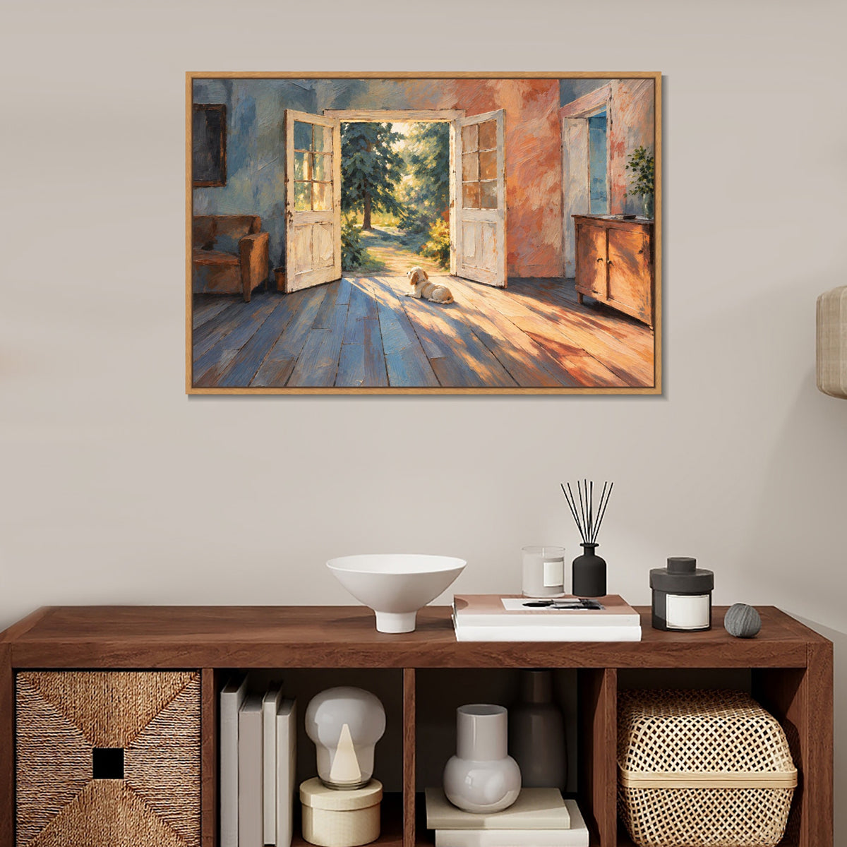 INVIN ART Framed Canvas 100% Handpainted Oil Painting Little Dog in the Doorway Light Wall Art