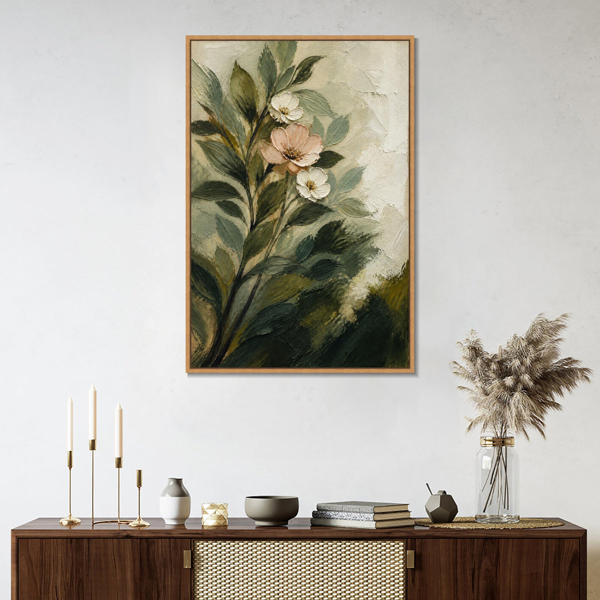 INVIN ART Framed Canvas 100% Handpainted Oil Painting Pale Blossoms Among Leaves Wall Art