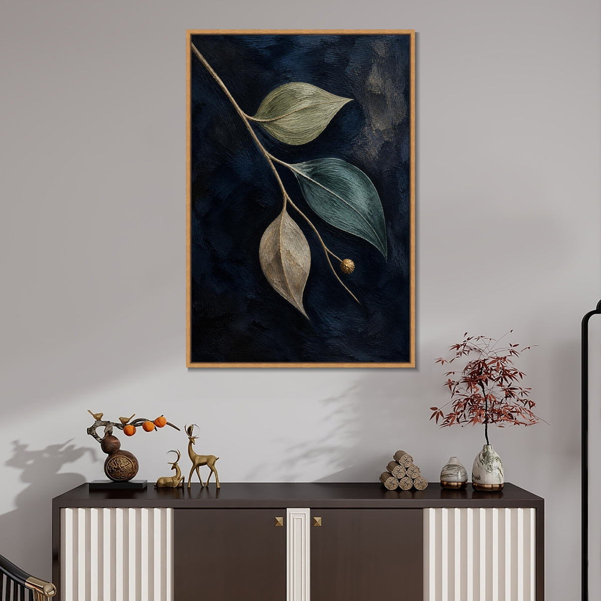 INVIN ART Framed Canvas 100% Handpainted Oil Painting Leaves Against Midnight Blue Wall Art