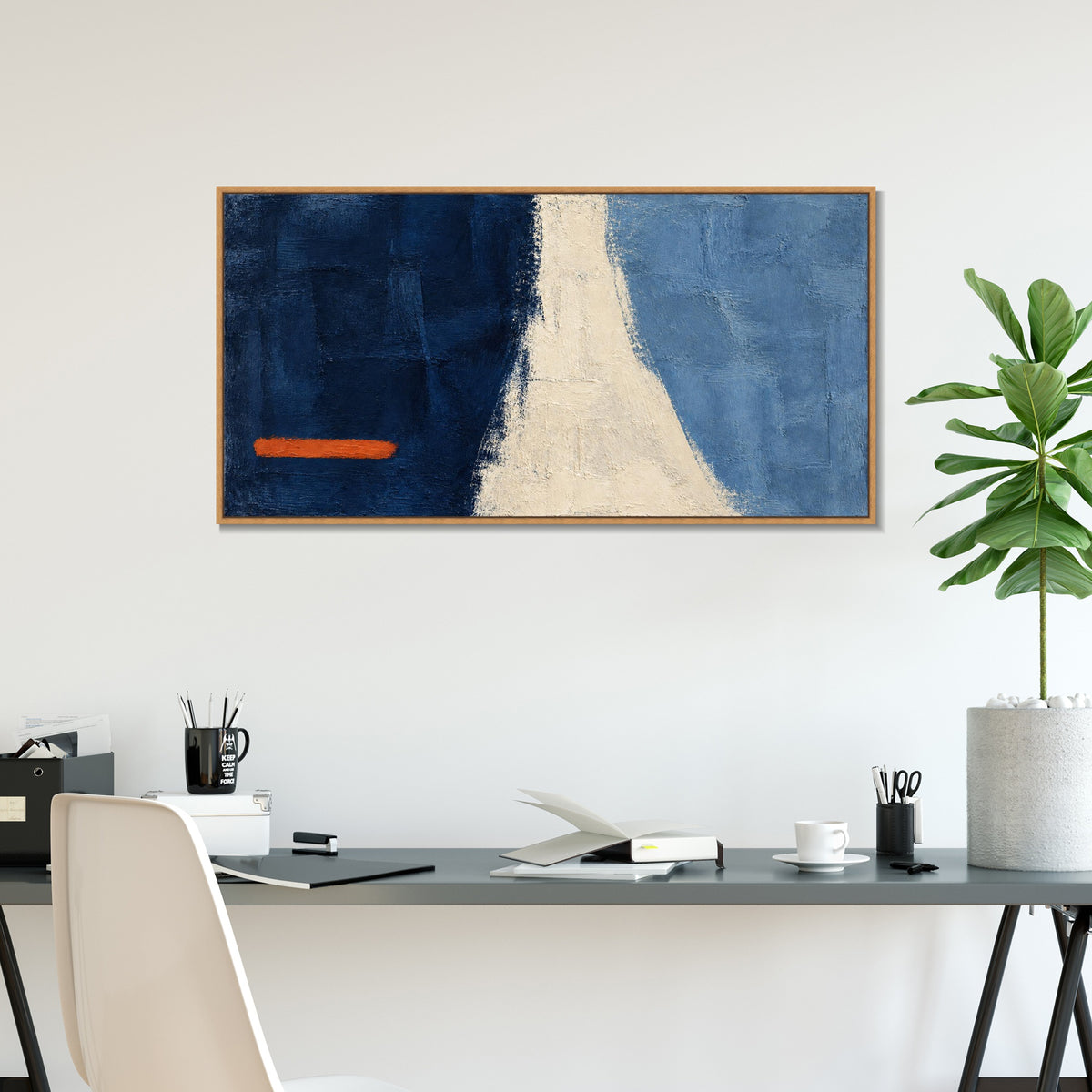 INVIN ART Framed Canvas 100% Handpainted Oil Painting Orange Line Across Blue Wall Art