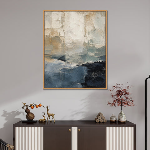 INVIN ART Framed Canvas 100% Handpainted Oil Painting Blue Gray Layered Shore Wall Art