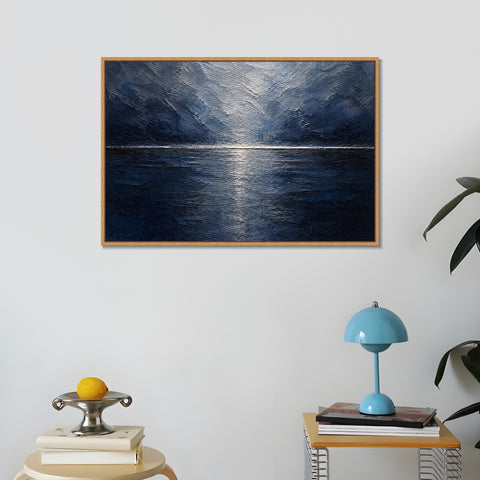 INVIN ART Framed Canvas 100% Handpainted Oil Painting Deep Blue Moonlit Lake Wall Art