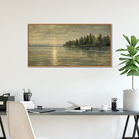 INVIN ART Framed Canvas 100% Handpainted Oil Painting Golden Light by the Forest Shore Wall Art