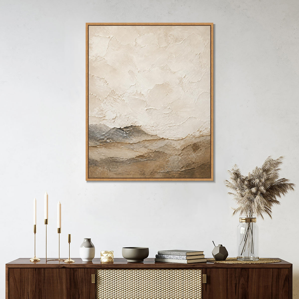 INVIN ART Framed Canvas 100% Handpainted Oil Painting White Clouds Above Low Hills Wall Art