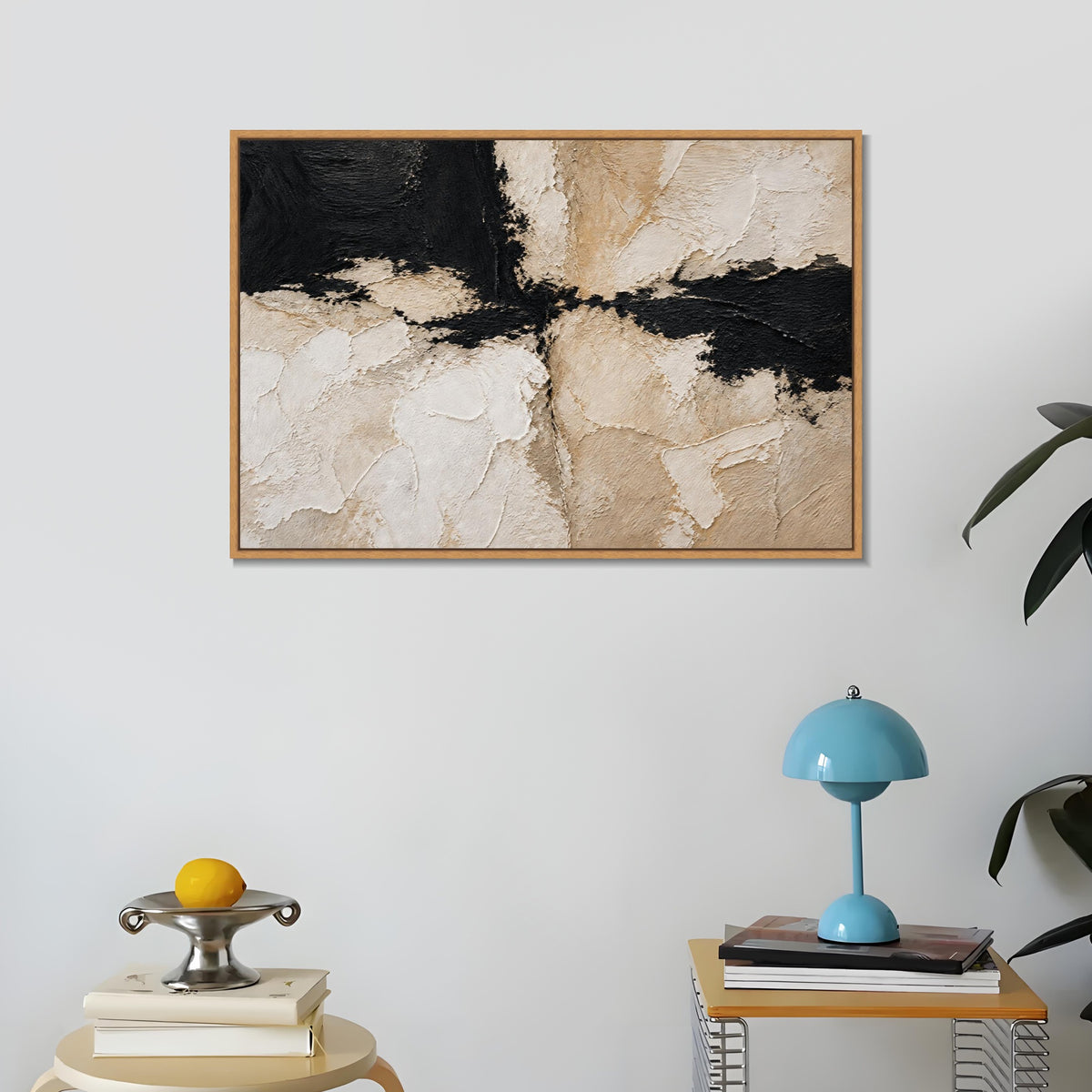 INVIN ART Framed Canvas 100% Handpainted Oil Painting Black and White Divide Wall Art