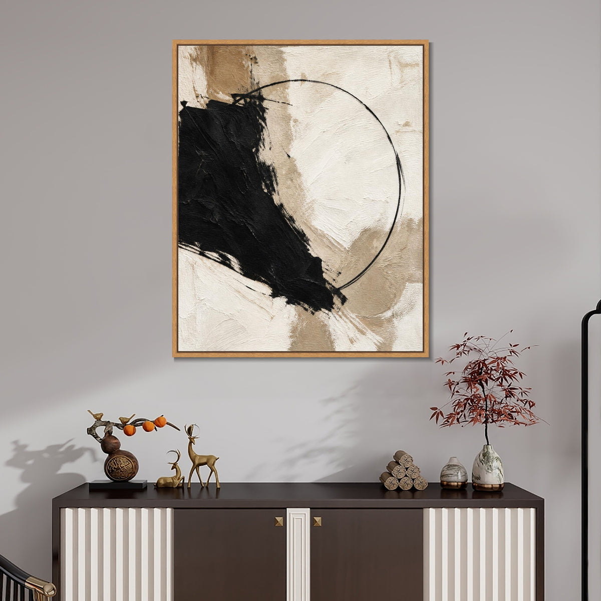 INVIN ART Framed Canvas 100% Handpainted Oil Painting Black Form and a Fine Circle Wall Art