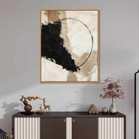 INVIN ART Framed Canvas 100% Handpainted Oil Painting Black Form and a Fine Circle Wall Art