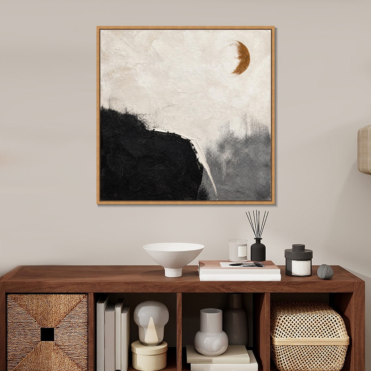 INVIN ART Framed Canvas 100% Handpainted Oil Painting Ochre Moon and Dark Shore Wall Art