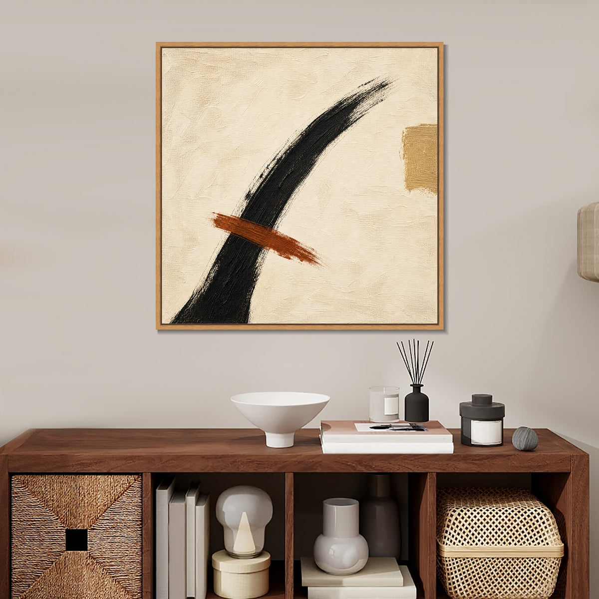 INVIN ART Framed Canvas 100% Handpainted Oil Painting Ink Arc and Rust Line Wall Art
