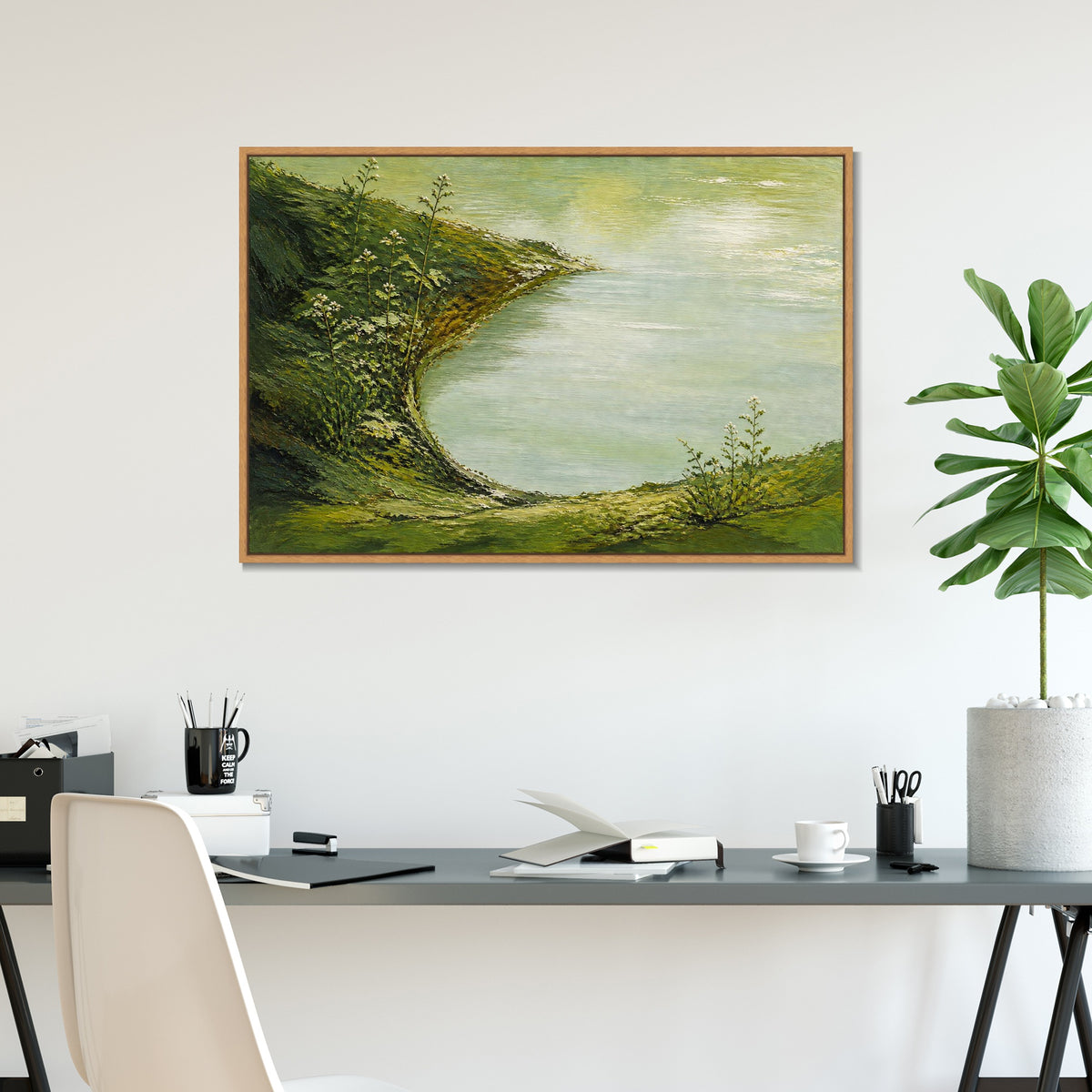 INVIN ART Framed Canvas 100% Handpainted Oil Painting Green Shore and Lake Cove Wall Art