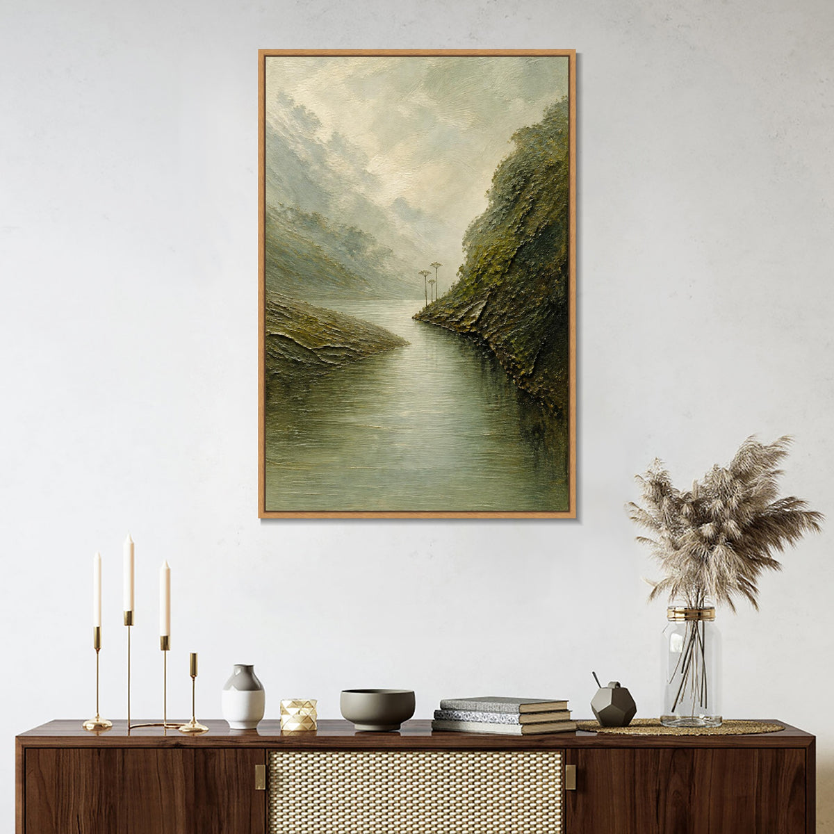 INVIN ART Framed Canvas 100% Handpainted Oil Painting Still Water in the Gorge Wall Art