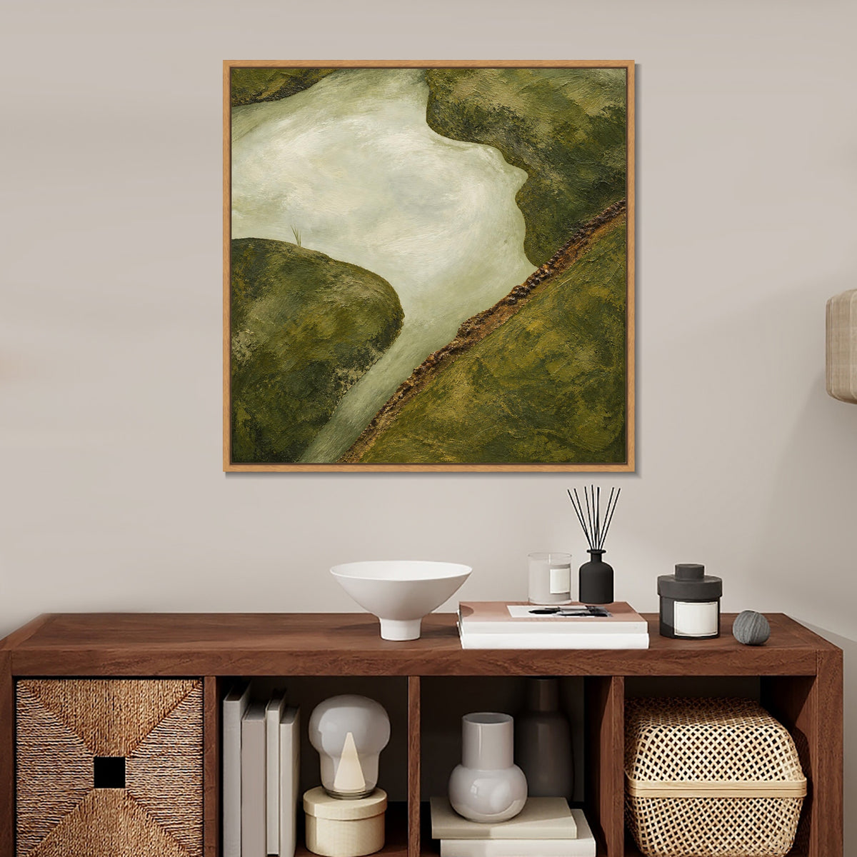 INVIN ART Framed Canvas 100% Handpainted Oil Painting Winding Water from Above Wall Art